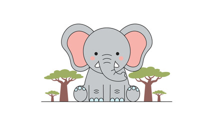 Obraz premium Cute Cartoon Elephant Sitting Among Green Trees in a Simple Nature Scene