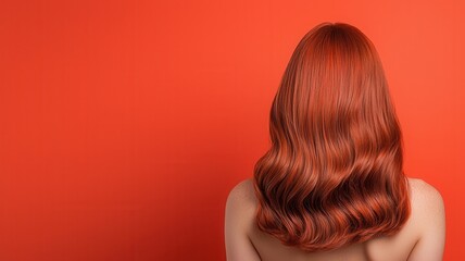 Fototapeta premium Woman showing vibrant red wavy hair from back with healthy texture against a solid orange background