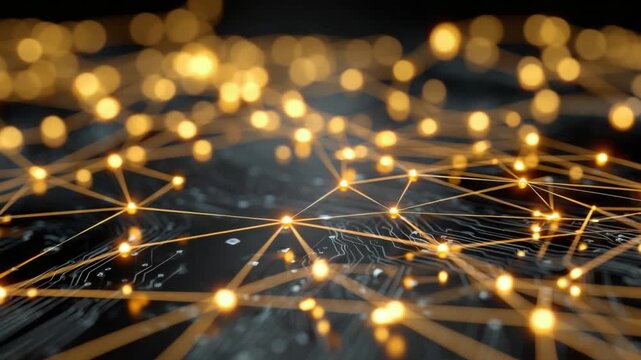 Network Nodes of Connection:  A close-up view of a network of interconnected nodes, illuminated with a warm, golden glow against a dark backdrop, symbolizing connectivity, data flow.