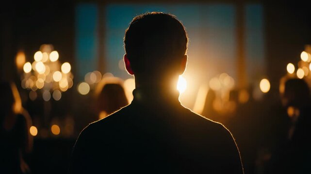 Silhouette of a professional viewed from behind wearing a black turtleneck, highlighted by golden bokeh lights, concept for event attendance, corporate presentations and professional ambition