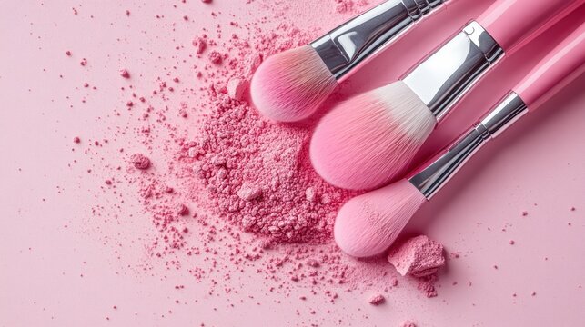 Pink makeup brushes with powder. Close up, minimalist style