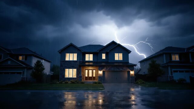 Suburban house illuminated at night during a severe thunderstorm with bright lightning in the dark sky, concept for property insurance, residential protection and natural disaster coverage