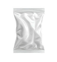 Glossy, white, upright food packaging, sealed on top, shows curvature, on a transparent background