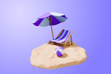 Tropical island beach scene with purple umbrella and lounger © Midea 