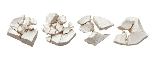 Four separate arrangements of broken, off-white, irregular pieces against a stark black backdrop