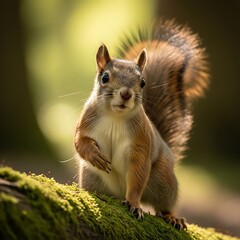 Fototapeta premium A curious squirrel standing on moss.