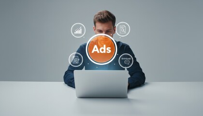 Person working on a laptop, interacting with a futuristic digital interface showing ads text and marketing icons for advertising, analytics, and content