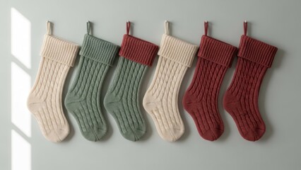Six knitted stockings hanging on a wall with sunlight