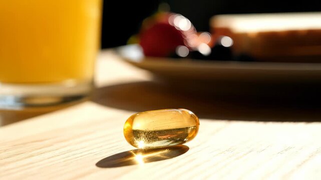 Glistening amber softgel capsule on a wooden table with bright sun glare next to blurred breakfast and juice, concept for nutritional advertising, supplement packaging and wellness blog content