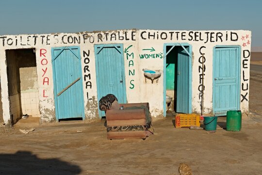 Toilets at the largest salt lake in the Sahara Desert, Chott El Jerid Lake. Tunisia. Africa.