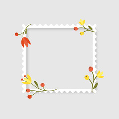 Photo frame mockup designed as a postage stamp. The white square frame features a soft inner shadow and is decorated with charming hand-drawn wildflowers. Perfect for scrapbooking, seasonal greeting c