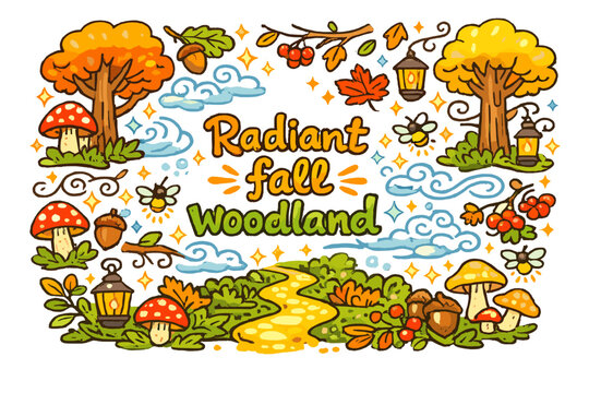 Radiant fall woodland. Hand-drawn doodle illustration of Radiant fall woodland. radiant leaves, tall trees,