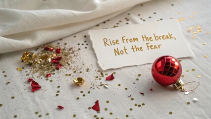 Shattered Red Ornament with Inspiring Quote on Fabric