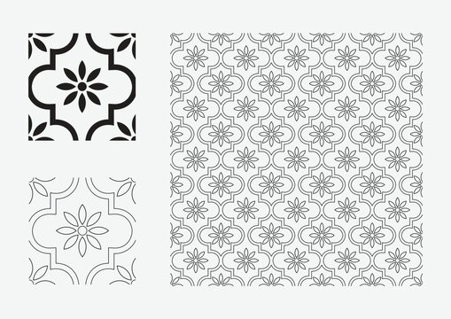 Seamless azulejo tile pattern with traditional Portuguese and Spanish ceramics in navy blue and white, traditional Mediterranean design. Ornate damask fabric swatch. Moroccan ceramic background.