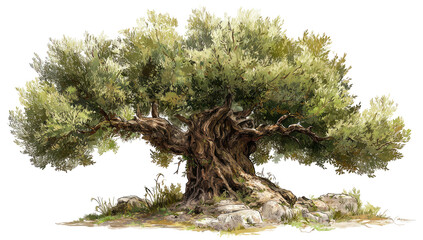Digitally rendered olive tree with expansive, leafy canopy and gnarled, textured trunk