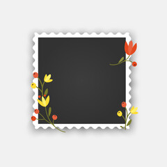 Photo frame mockup designed as a postage stamp. The white square frame features a soft inner shadow and is decorated with charming hand-drawn wildflowers. Perfect for scrapbooking, seasonal greeting c