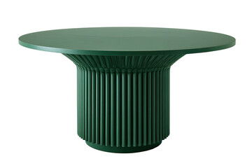 Modern, vibrant, green, round table with ridged cylindrical base on a black background
