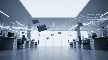 Modern office with floating folders, data streams, and minimalist design