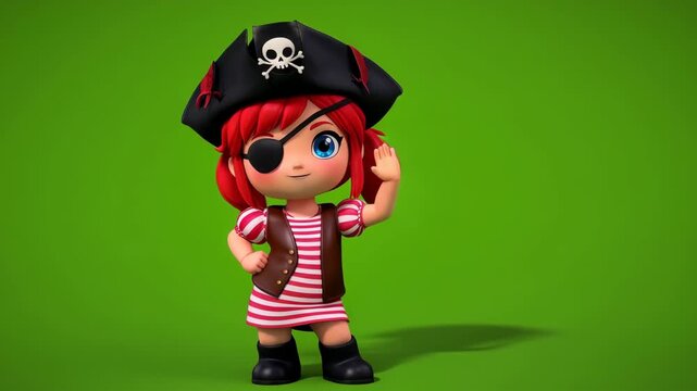 Cute cartoon pirate girl character on vibrant green background