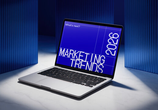 Futuristic Marketing Trends Presentation Laptop Screen Mockup PSD