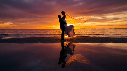 Bride and Groom Silhouette at Sunset on a Beach with Ocean Reflection