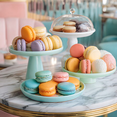 Colorful Macarons Displayed On Cake Stands In Elegant Cafe