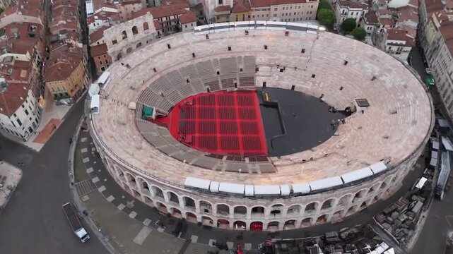 Aerial drone shot view on ancient roman amphitheatre Verona Arena in Verona, Italy. High quality footage in 4k format
