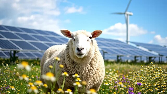 Close-up of a sheep in a flower field with solar panels and wind turbine visible, concept for renewable energy promotion, eco-friendly agriculture and climate change
