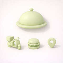 3D Clay Food Delivery Set&mdash;Large Cloche with Scooter, Burger, Map Pin