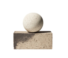 A neutral-toned sphere balanced atop a rectangular block, set against a dark background