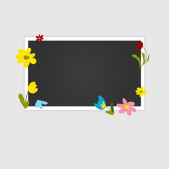 Photo frame mockup designed as a postage stamp. The white square frame features a soft inner shadow and is decorated with charming hand-drawn wildflowers. Perfect for scrapbooking, seasonal greeting c