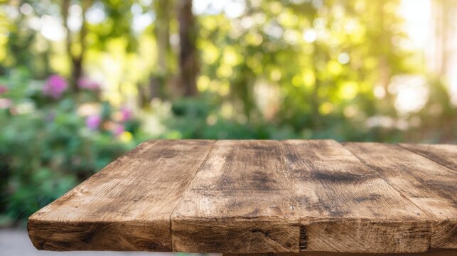 Wooden table in a garden with plants and sunlight shining through trees
