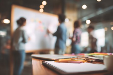 Close up of notebook and pens on wooden table with blurred business meeting in background. Creative team brainstorming strategy on whiteboard in modern office
