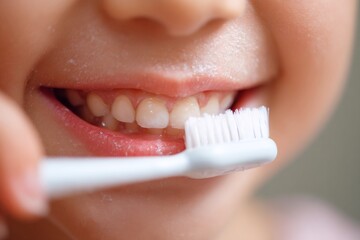 Close-up of a child brushing teeth with a white toothbrush. Dental hygiene and oral care concept with toothpaste foam on lips