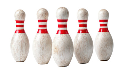 Five vintage, worn, off-white wooden pins with red stripes, standing upright on black background