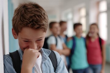 Lonely boy victim of bullying at school. Sad child suffering from social anxiety and exclusion while classmates laugh in the background