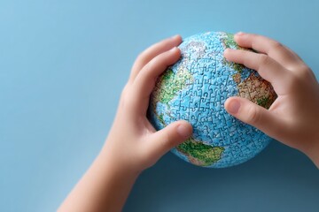 A child holding a world globe made of puzzle pieces. Global connection, unity, and environmental care concept