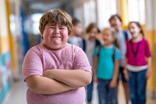 Sad overweight boy crying in a school hallway. Child victim of bullying and teasing by other students. Social exclusion and childhood mental health concept