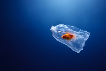 A single goldfish trapped inside a plastic bag floating in deep blue water. The concept of ocean pollution and the environmental crisis