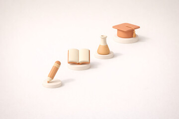 3D Clay Education Icons on Diagonal Staircase&mdash;Cap, Book, Pencil, Flask