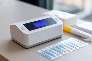 Medical diagnostic device with test strips ready for analysis in a laboratory. Modern healthcare technology for scientific research and health monitoring.