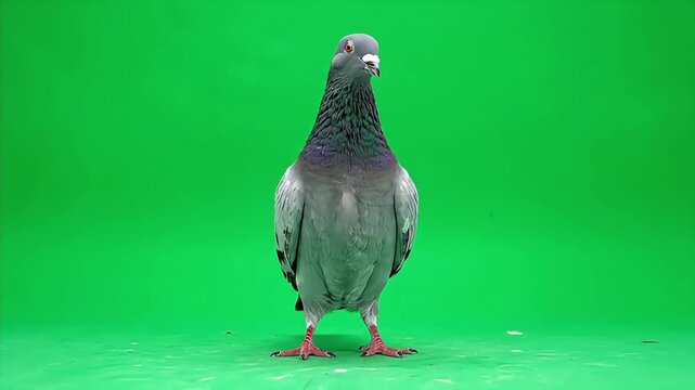 A single gray pigeon stands and looks around on a green screen background for chroma keying.