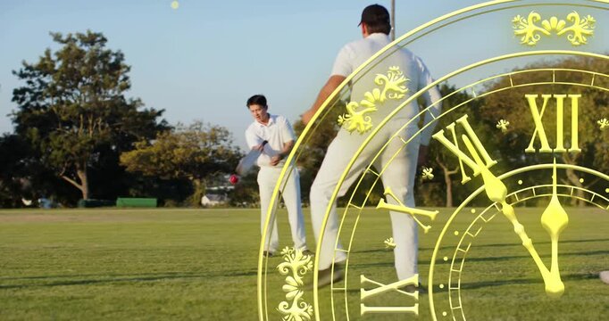 Cricketers bowling and batting, fielder scooping ball for practice, yellow clock overlaying players