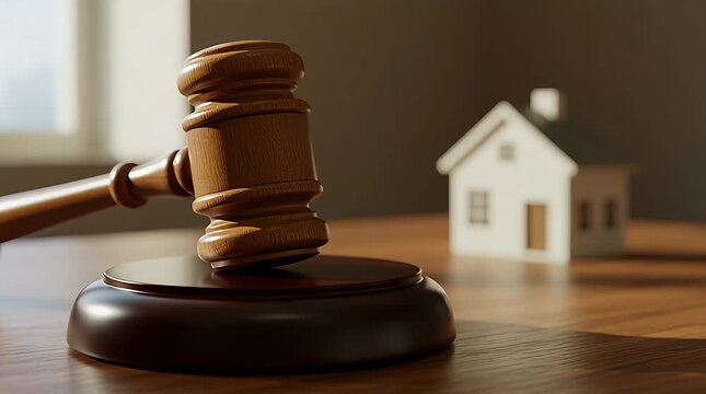 Wooden Gavel Striking Sound Block with Miniature House in Background