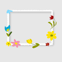 Photo frame mockup designed as a postage stamp. The white square frame features a soft inner shadow and is decorated with charming hand-drawn wildflowers. Perfect for scrapbooking, seasonal greeting c