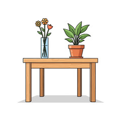 Cartoon wooden table with potted plant and vase of flowers, isolated on white background