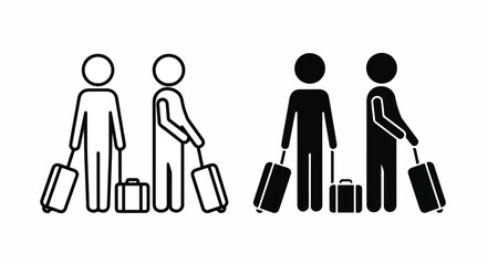 Black and white illustration of four stick figures with luggage on a plain white background.