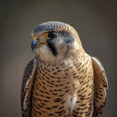 Intense close-up of a Kestrel's gaze, black beak with yellow tip, gray-brown plumage, white chest, blurred dark backdrop, symbolizing freedom and focus