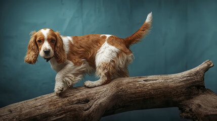 Alert white and brown spaniel perched on weathered driftwood branch against muted teal wall, embodying calm confidence and natural elegance