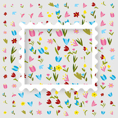 Photo frame mockup designed as a postage stamp. The white square frame features a soft inner shadow and is decorated with charming hand-drawn wildflowers. Perfect for scrapbooking, seasonal greeting c